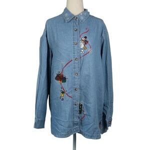 Vintage 90s Bill Blass Blue Denim Button-Down Shirt Christmas Snowman L
